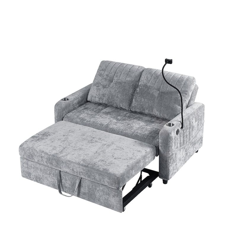 53.9" Chenille Convertible Loveseat with Pull-Out Bed, 3 USB Ports, and Smart Storage