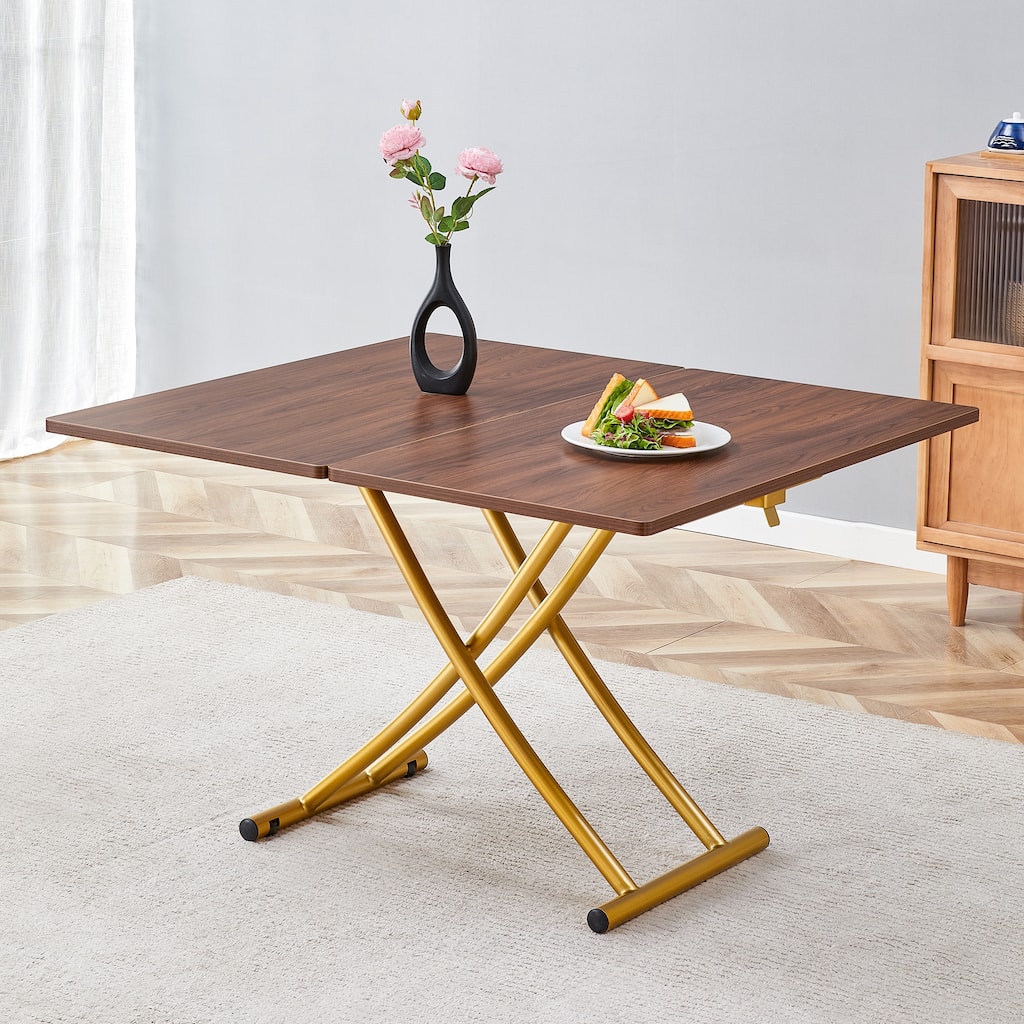 Modern minimalist multifunctional lift table with 0.8 inch thick MDF desktop and golden metal legs,coffee table
