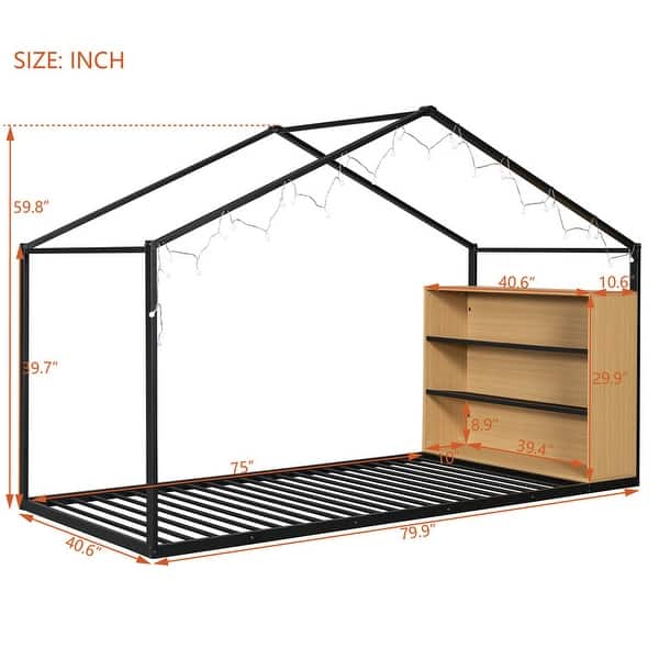 Metal PlayHouse Bed Frame with Bookshelves and LED Warm Lighting