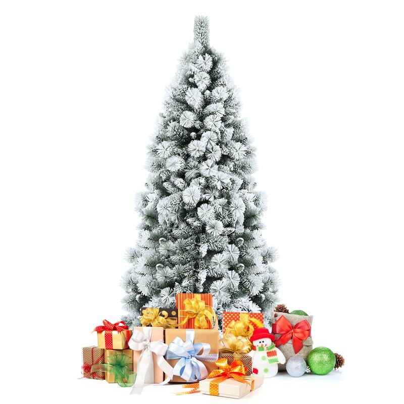 Costway 5ft/6ft/7ft Snow Flocked Hinged Artificial Slim Christmas Tree