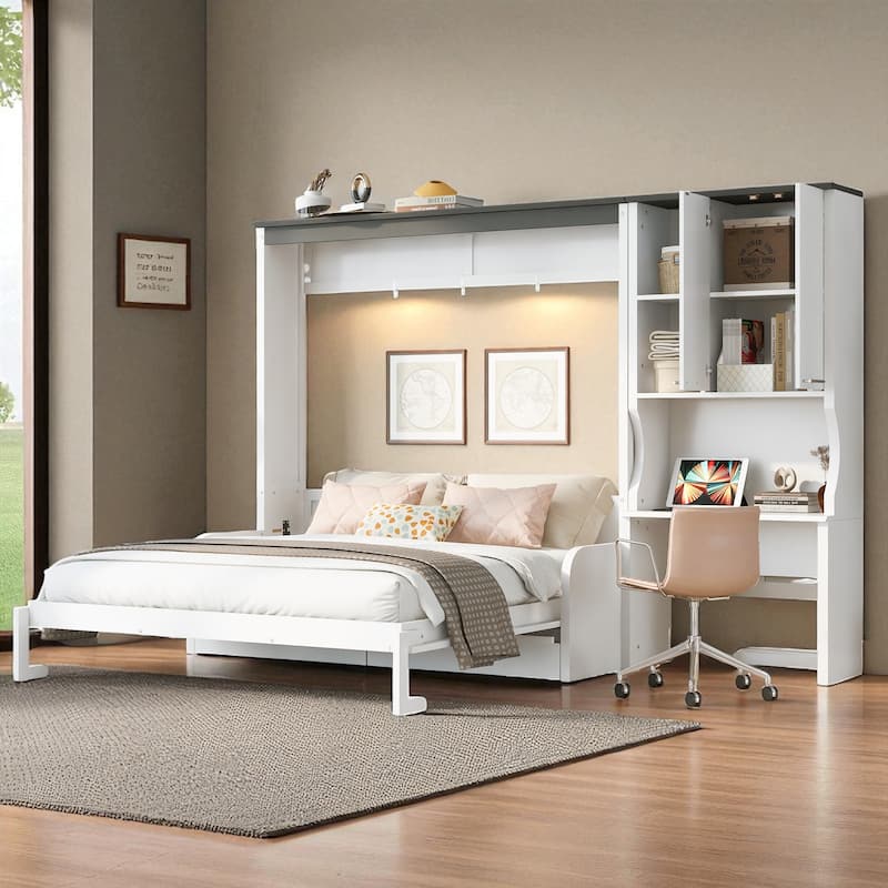 Full/Queen Murphy Bed with Sofa, Desk, and Storage Cabinet - Space-Saving Foldable Wall Bed Design