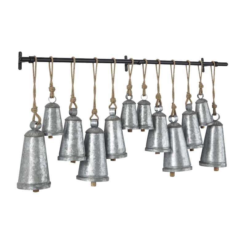 Bronze Metal Tibetan Inspired Indoor Outdoor Decorative Cow Bells with 12 Bells on Jute Hanging Rope and Metal Rod