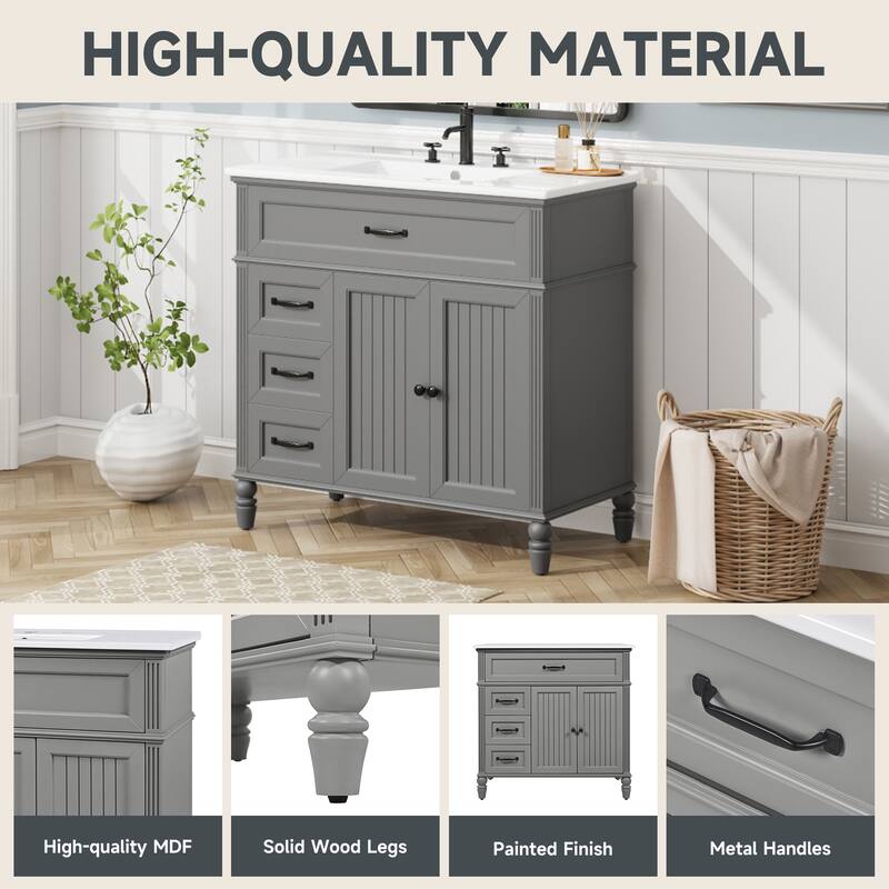 Roomfitters 36" Bathroom Vanity with Integrated Ceramic Sink, Solid Wood Frame and Soft-Close Storage