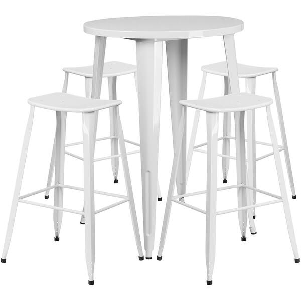 Shop Nicollet Round 30 White Metal Indoor Outdoor Table Set W 4 Saddle Seat Stools For Restaurant Bar Pub Patio Overstock 15869282