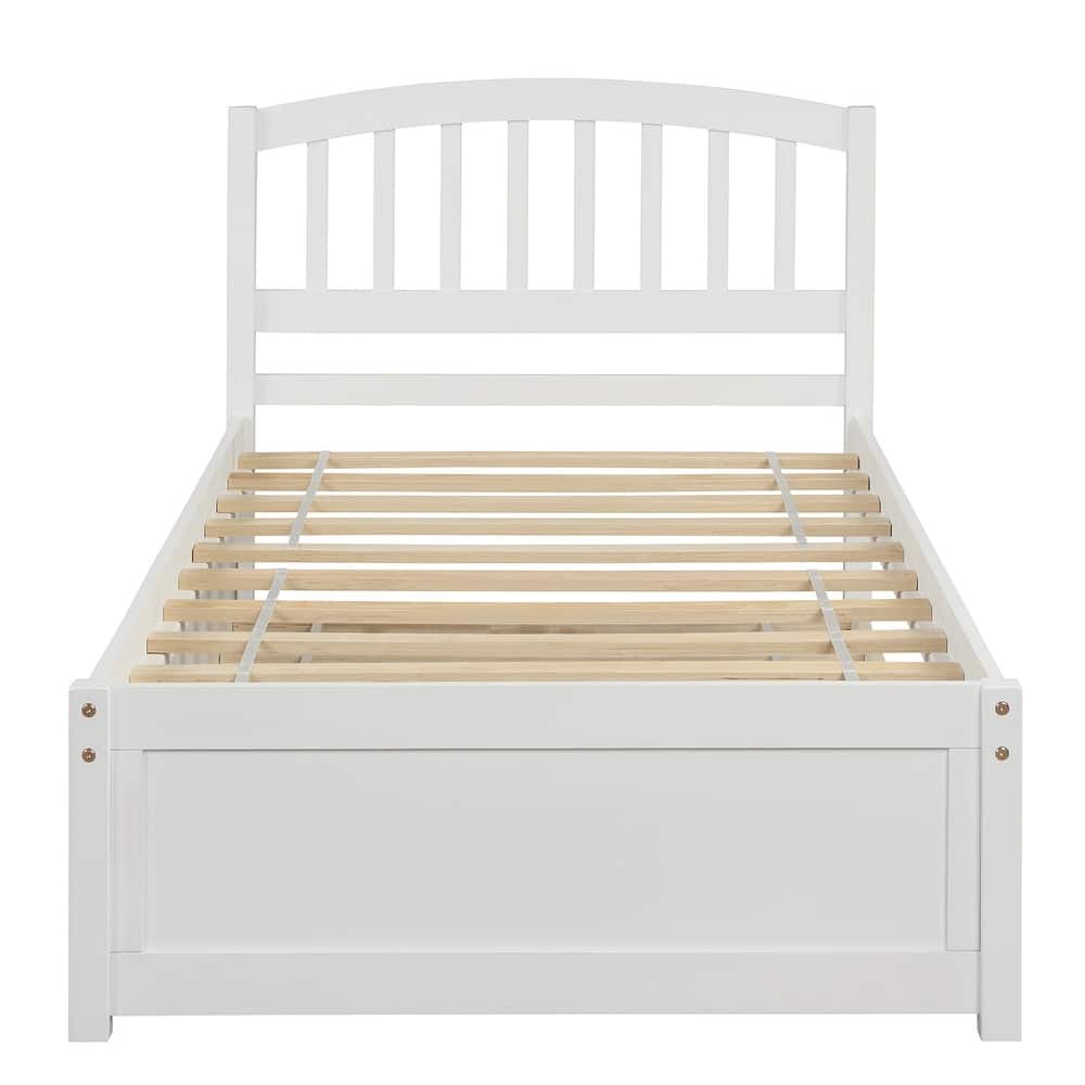 Twin Size Platform Bed Wood Bed Frame with Trundle, White