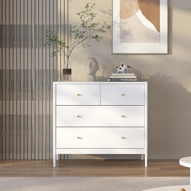 Anmytek White 4 Drawer Dresser Minimalist Storage Chest with Wood Knobs - White