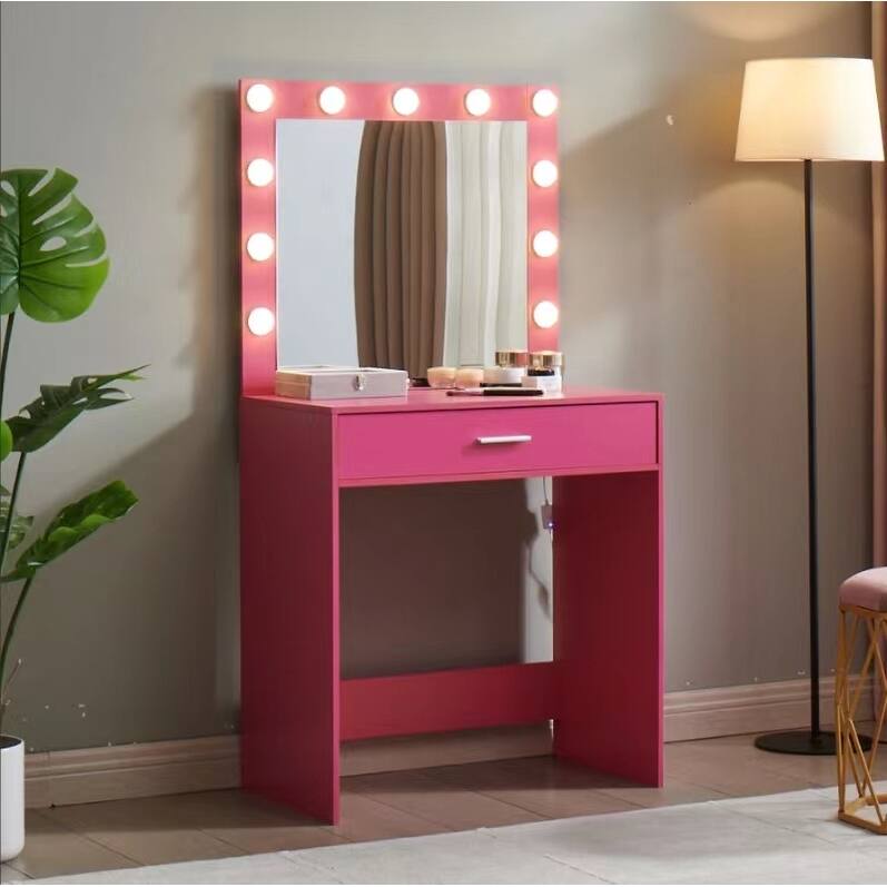 Dressing Vanity Desk with Drawer & Mirror with 3 Lighting Modes & Adjustable Brightness - Pink-1 Drawer