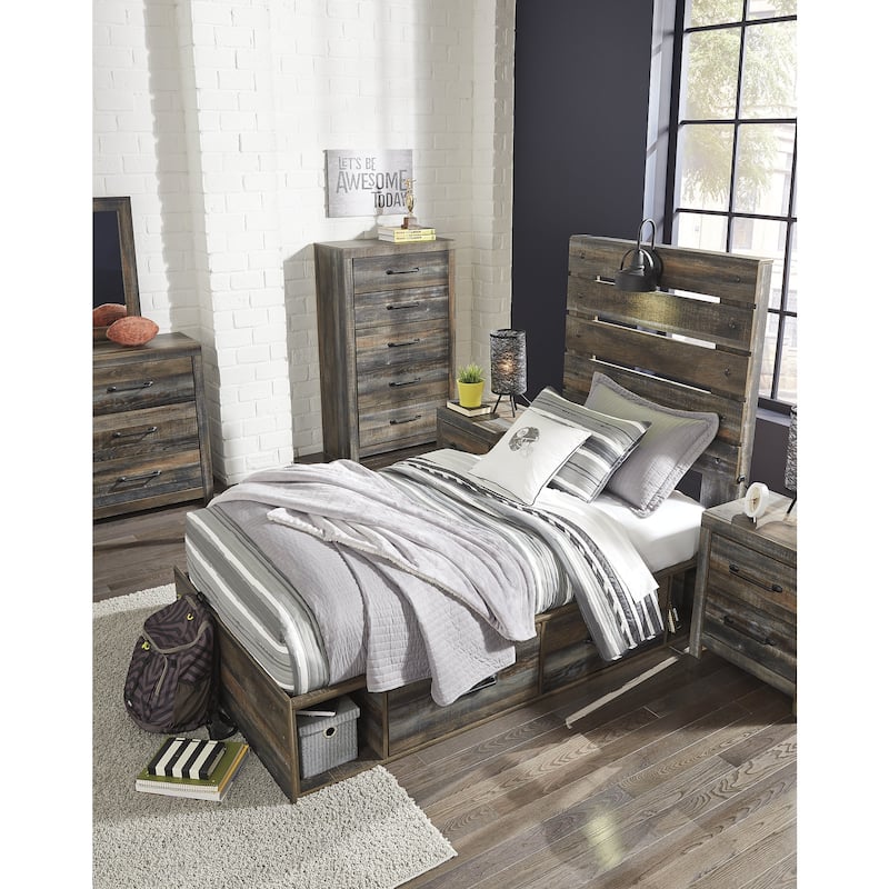 Drystan Rustic Brown Panel Bed with 2 Under Bed Storage Drawers
