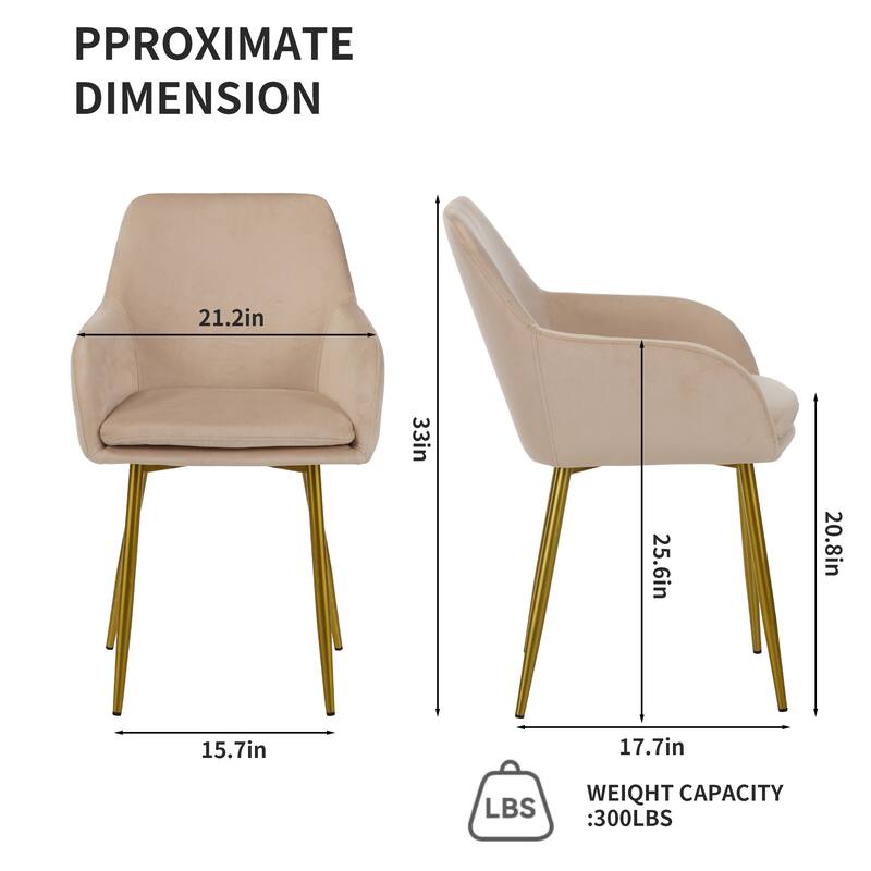 Velvet dining chair set, 2 pieces, dining chairs with gold metal legs, modern padded dining chairs suitable for dining rooms