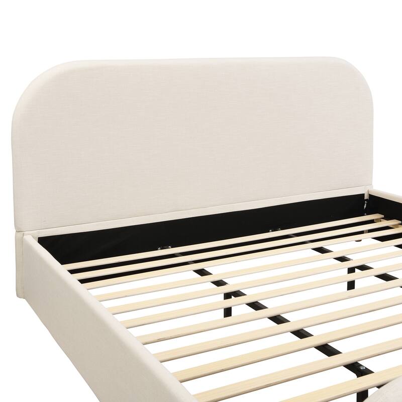 Beige Linen Upholstered Bed Curved Headboard Wingback Frame Low Profile Platform Bed