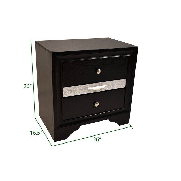 Traditional Black Wood Nightstand with Two Drawers, Acacia Wood, Dovetail Joints