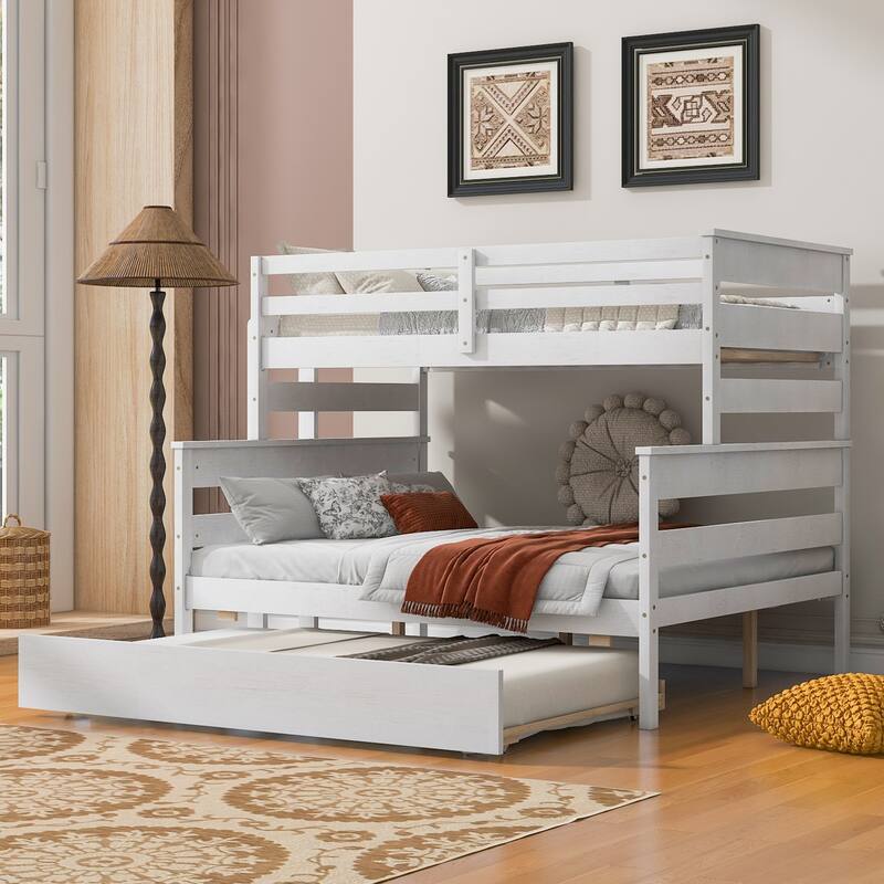 Twin over Full Solid Wood Bunk Bed Slat Support Full Length Guardrail Up Bed Separable Bed Frame with Drawer or Trundle - White - Trundle - Full