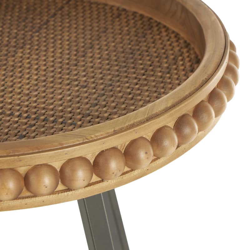Wood Beaded Accent Table with Rounded Gray Metal Base and Rattan Accent - Brown - Roche River Decor