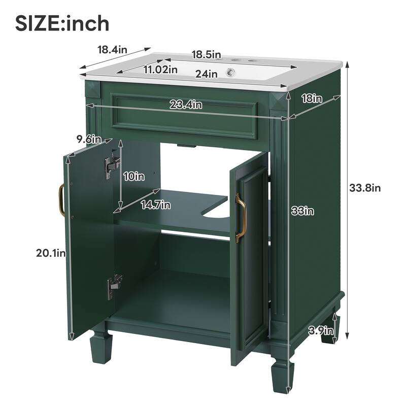 Roomfitters 24" Bathroom Vanity with Sink, Wood Frame Freestanding Bathroom Cabinet with Adjustable Shelf and Soft-Closing Doors