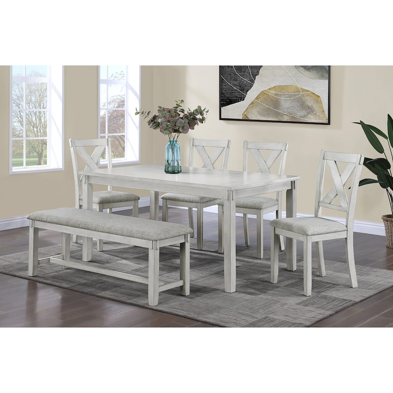 1pc Driftwood Finish Standard Height Bench Gray White Fabric Upholstered Seat Cushion Tapered Legs