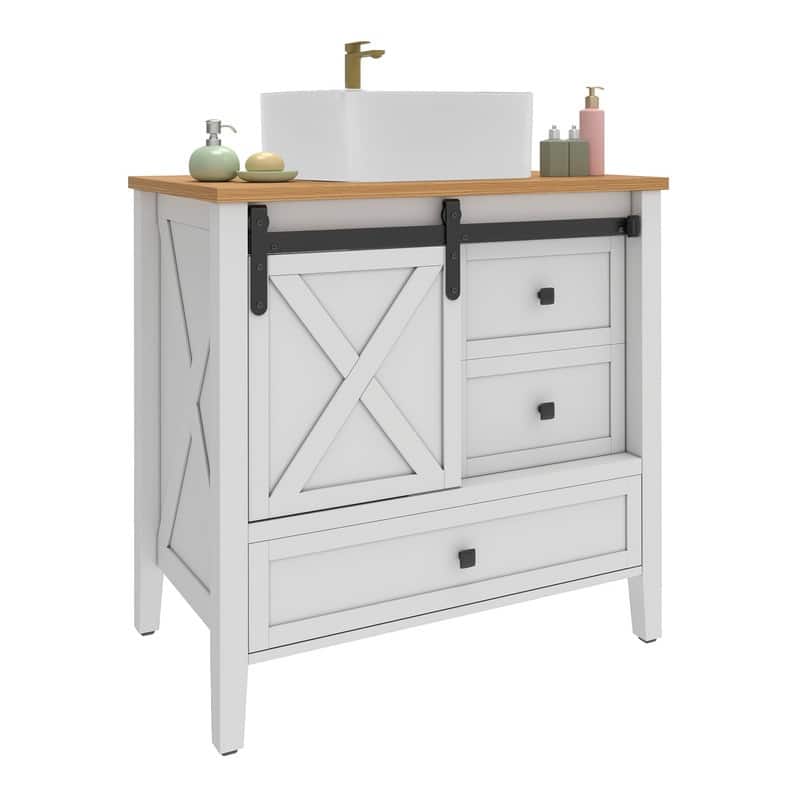 Moasis Farmhouse Bathroom Vanity Cabinet with Ceramic Sink Basin and Sliding-Door Cabinet & 3 Drawers