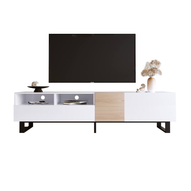 TV Stand Media TV Console Table for 80" TV with Double Storage Space, Modern Entertainment Center with Drop Down Door