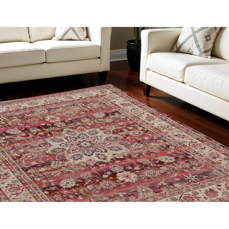 HomeRootsFloral Transitional Rectangle Area Rug - 118' X '94' X '0.5 - 118' X '94' X '0.5 - Ivory/Red