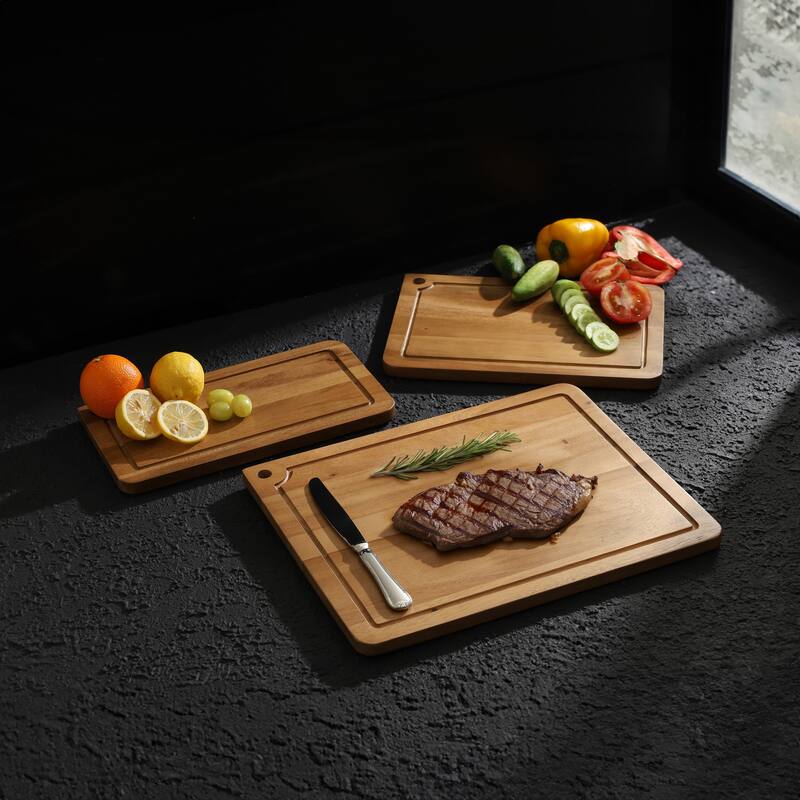 Sango Atelier Acacia Wood 3-Piece Cutting Board Set with Straight Edge & Handles - Kitchen Chopping Boards for Meat & Vegetables