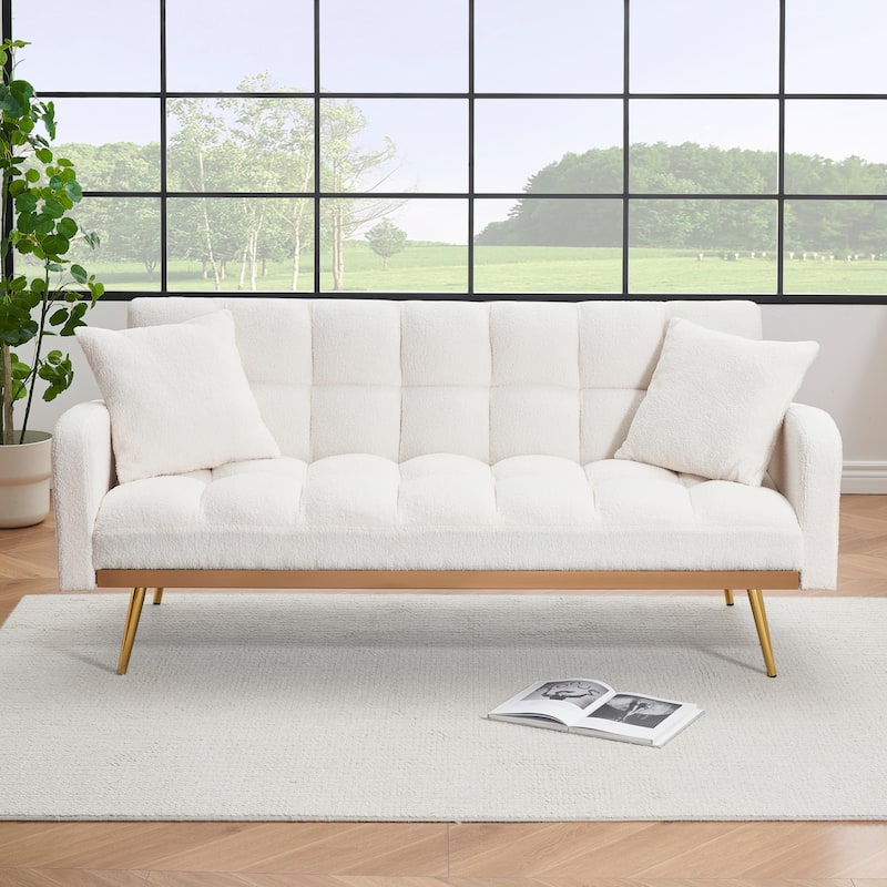 Futon Sleeper Sofa Bed Teddy Fabric Lounge Couch with 3 Speed Adjustable Back, Removable Armrest and Pillows for Small Space - Beige