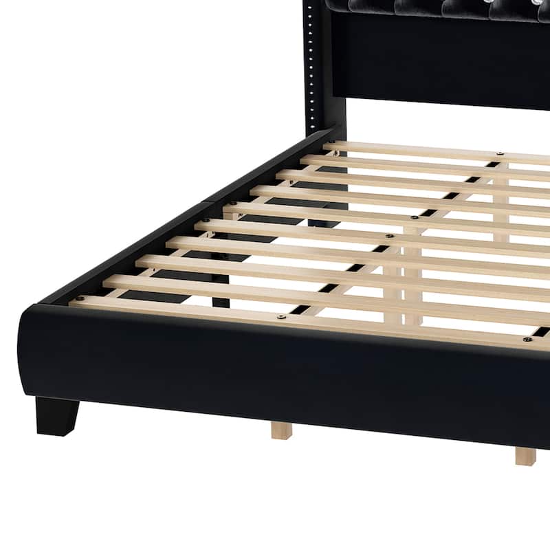 Moasis King Size Velvet Upholstered Bed Frame with Storage Headboard with USB Charging Stations