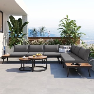 6-Piece Black Metal Outdoor Patio Sectional Sofa Set with Wooden Round ...