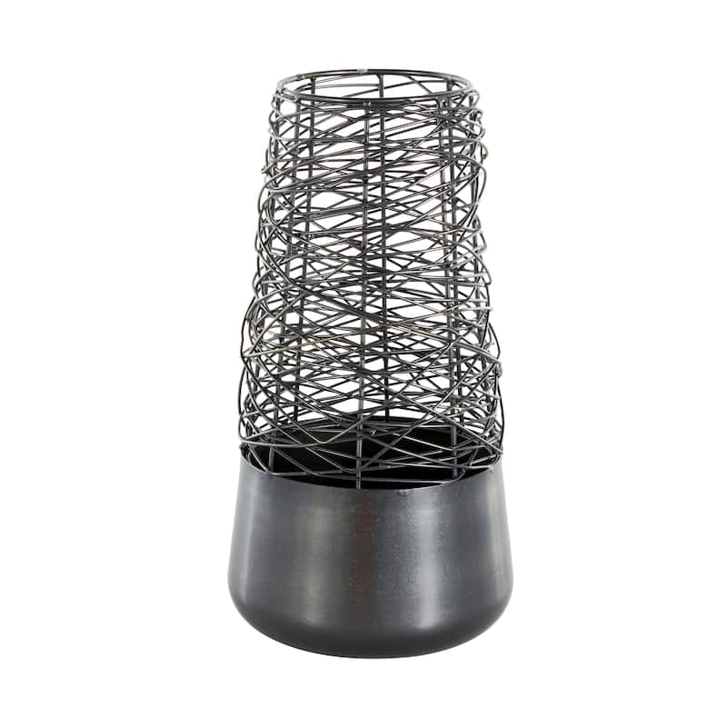 Black Metal Intertwined Wire Abstract Vase with Solid Matte Base