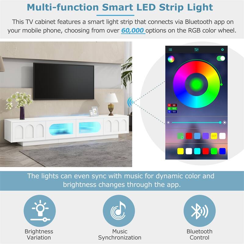 TV Stand with Fluted tempered Glass Doors,Functional Media Console