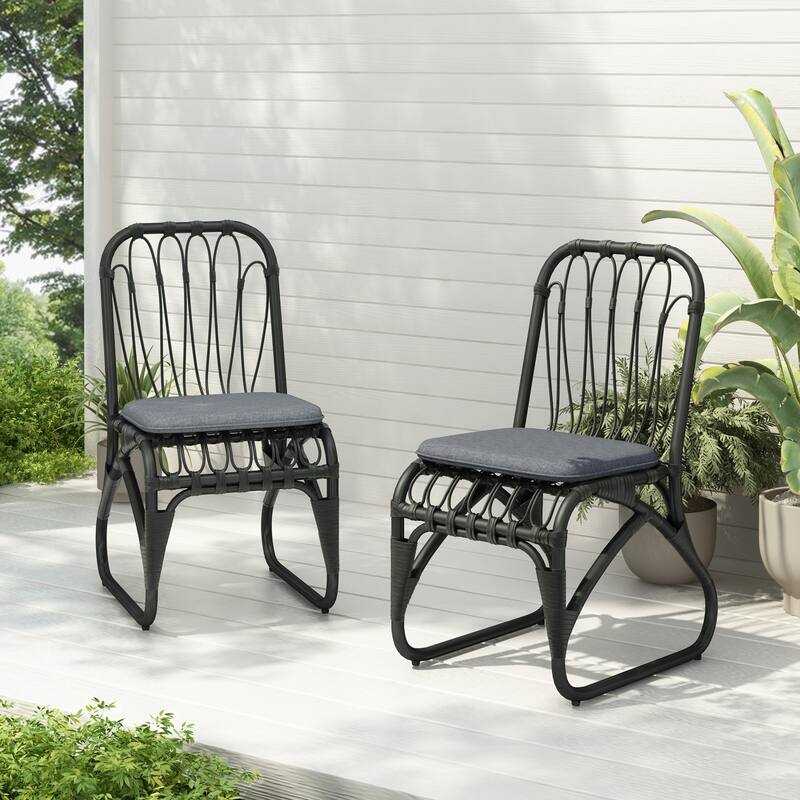 Roomfitters Set of 2 Hand-Woven PE Wicker Petal Chairs, Heavy-Duty 400lb Capacity with Washable Cushions - Black+ Gray
