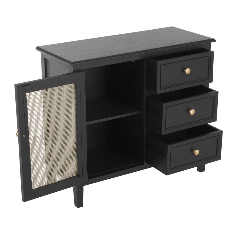 Wood Handmade 1 Door and 3 Drawers Cabinet with Rattan Front - Black - Roche River Decor