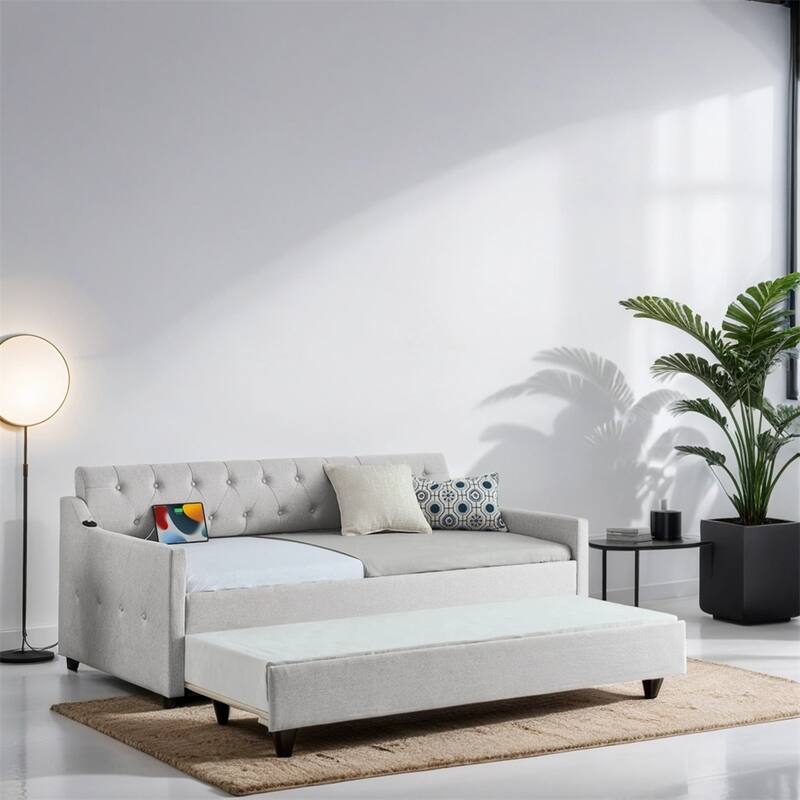 Upholstery DayBed w/Twin Size Erectable Trundle & USB Charging Design