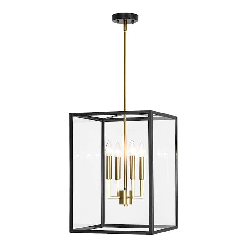 Black Brass 4-Light Metal Square Clear Glass Cage Chandelier