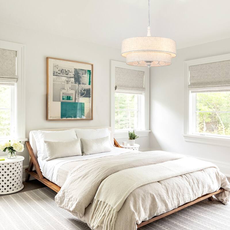 21.25-inch 5-light elegant retro metal chandelier with double-layer fabric lampshade and adjustable height