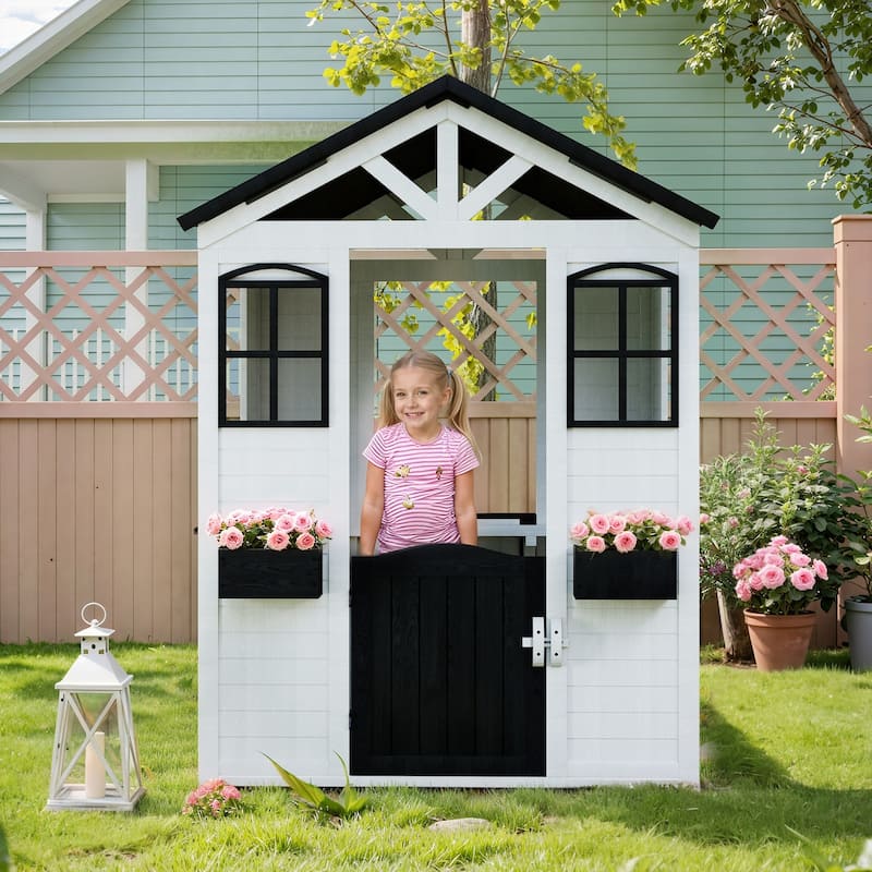 Wooden Adventure Cottage Playhouse for Kids with Working Door, Windows, Service Station, and Flower Pot Holders