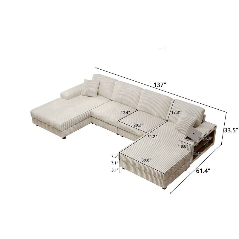 Modular Sectional Sofa with Dual Chaise Lounges, Corduroy Cloud Sofa with Armrest Storage Rack, Convertible 4-Seat Sleeper Sofa