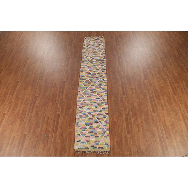 Modern Trellis Moroccan Oriental Runner Rug Hand-Knotted Wool Carpet - 2'5"x 12'8"