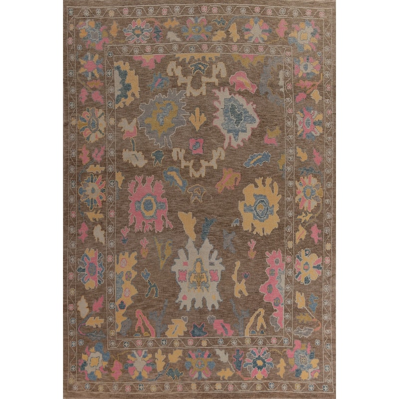 Hand Knotted Oriental 100% Wool Carpet Transitional All-Over Brown Oushak Area Rug - 12' 8'' X 8' 11''