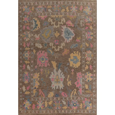 Hand Knotted Oriental 100% Wool Carpet Transitional All-Over Brown Oushak Area Rug - 12' 8'' X 8' 11''