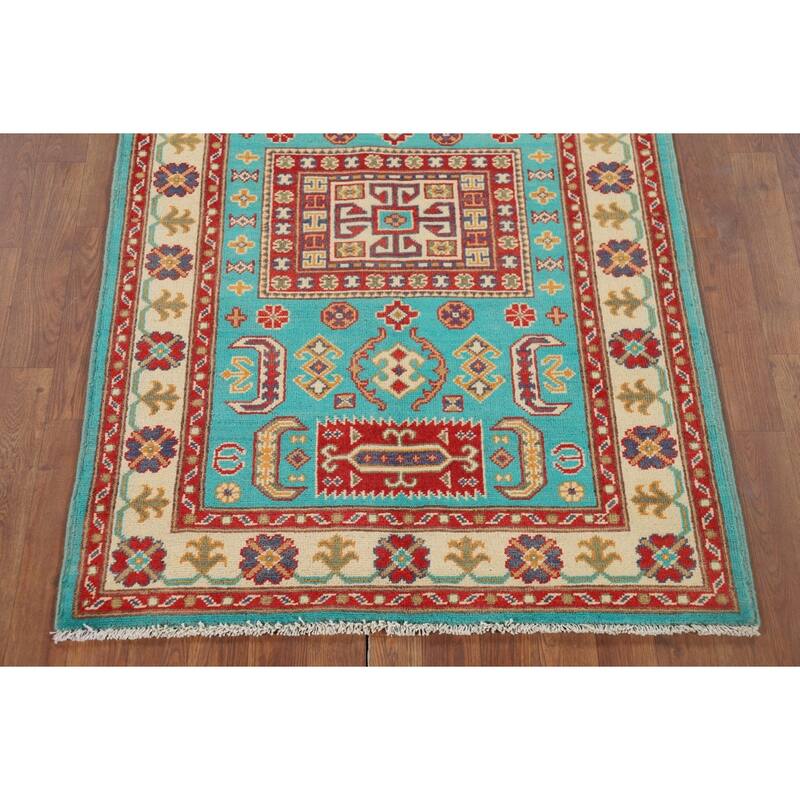Turquoise Blue Kazak Accent Rug Handmade Wool Carpet - 3'4" x 5'1"