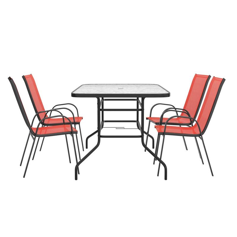 5 Piece Patio Dining Set - Glass Table, 4 Flex Stack Chairs