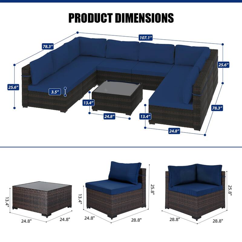 Patio Watcher Outdoor 8 Seater Rattan Sectional Set with Cusions and Coffe Table