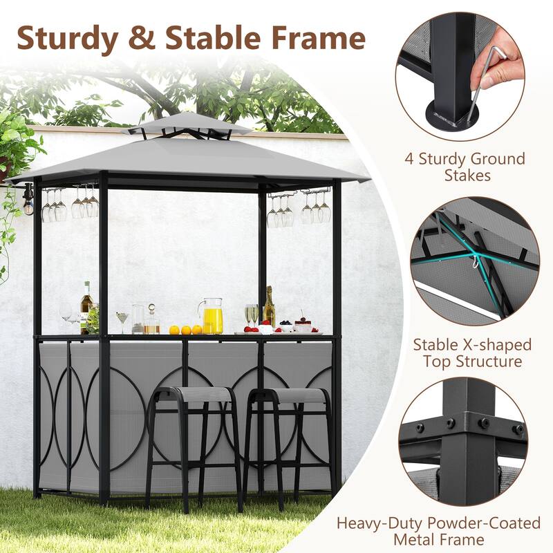 6.5 x 4 x 8 FT Grill Gazebo Set with 2 Bar Stools and Bar Table-Brown