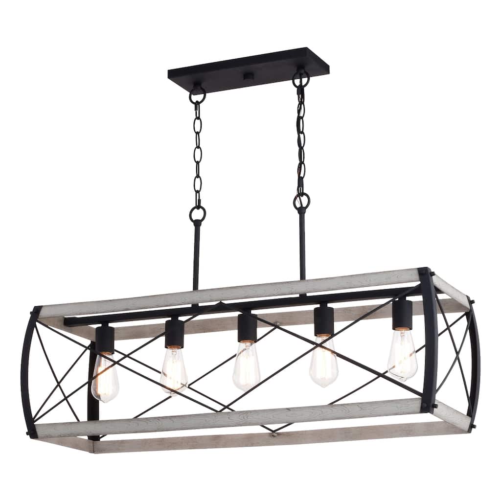 5 Light Chandelier Island Pendant Light - Black Ash Wood Cage Linear Fixture - 96.5