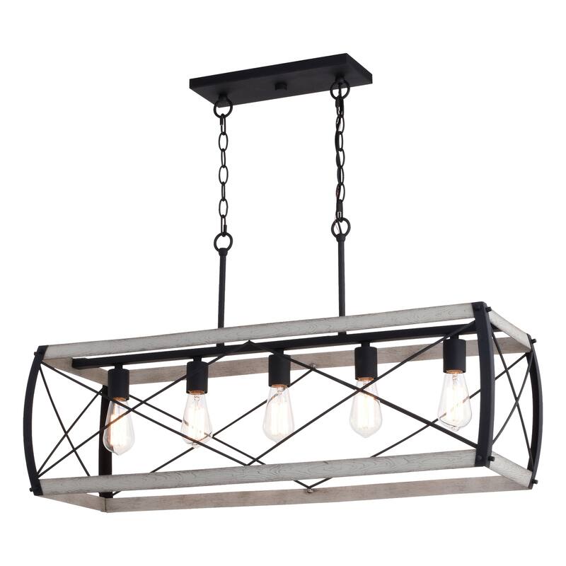 5 Light Chandelier Island Pendant Light - Black Ash Wood Cage Linear Fixture - 96.5