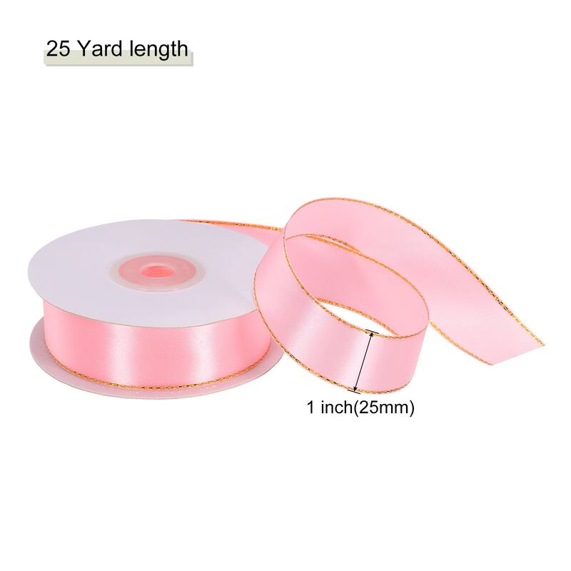 Satin Ribbon with Gold Edges Border Grosgrain Fabric Ribbon for Decor - Pink - 1 Inch x 25 Yard