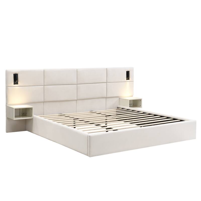 Christopher Knight Home - Mid-Century Modern Chenille Upholstered Smart Bed with Reading Lights & Built-In Shelves