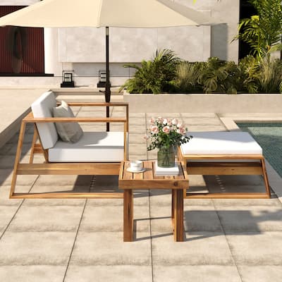 U - Style Acacia Wood Outdoor Lounge Set with Chair & Ottoman Perfect for Patios, Balconies & Gardens