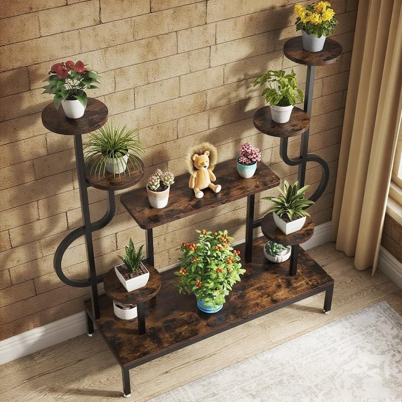 Black-Brown Metal and Wood 8-Tier Corner Plant Stand with Mixed Shelves - 39.37” x 15.74” x 49.6”