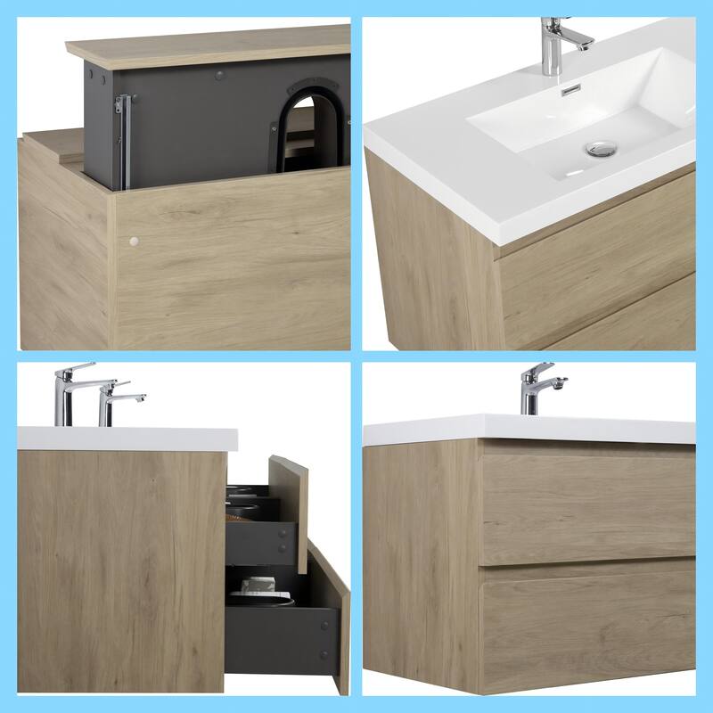 Wall 72" Floating Bathroom Vanity with Sink & and 4 Soft Close Drawers,White/Oak/Grey - 72 inch