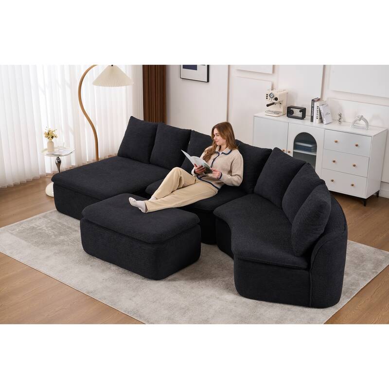 U-Shaped Modular Sectional Sofa with Ottoman, Woodgrain Chenille Deep Seat Boneless Couch, Compression Sofa with Pillows